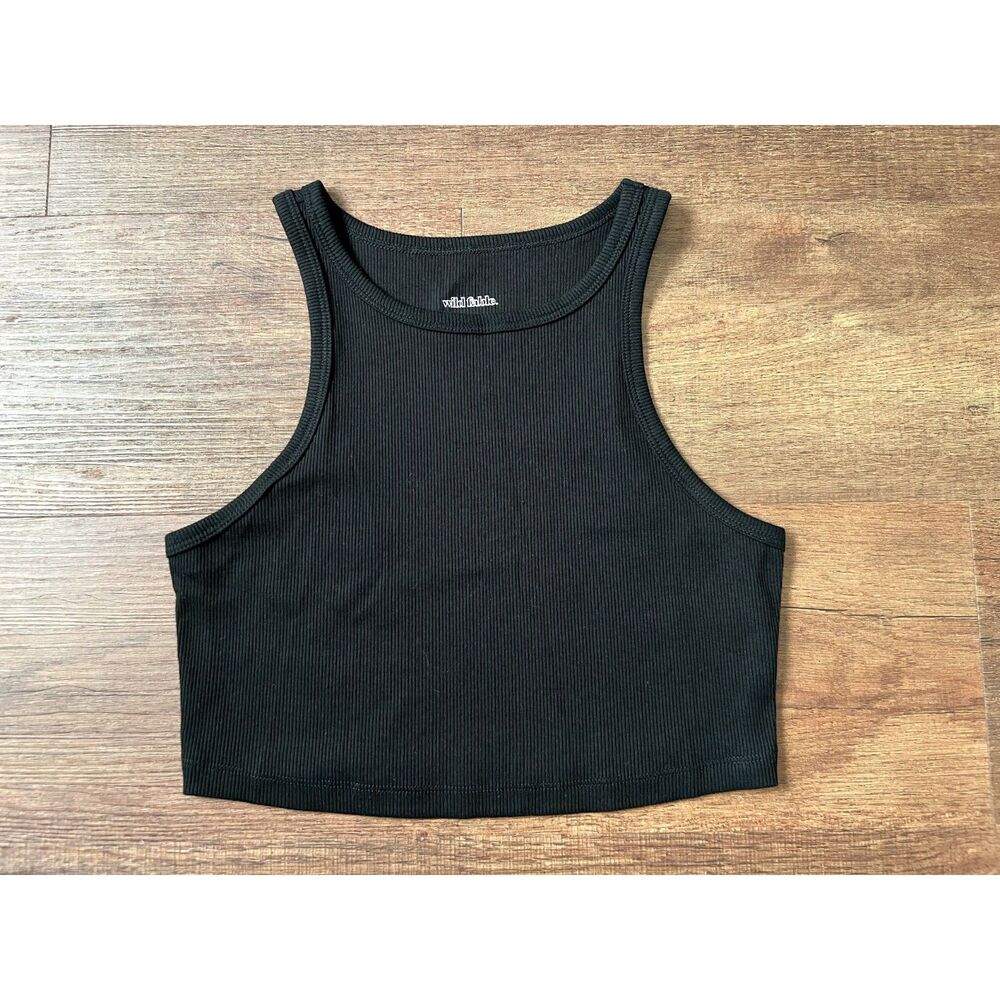 Wild Fable women cropped rib tank top, Black, Size Medium M, crew neck